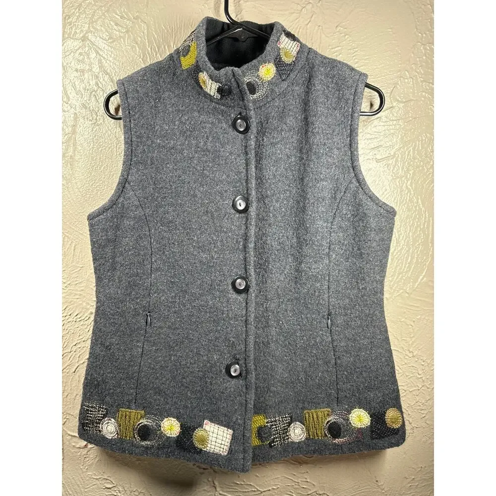 Icelandic Design Womens Vest Black‎ Patchwork 100% Wool Button Front Size Small